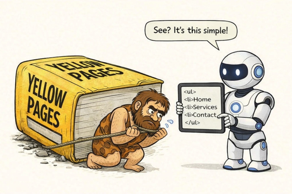 A robot teaching a caveman to use a semantic crawl hub directory instead of yellow pages.