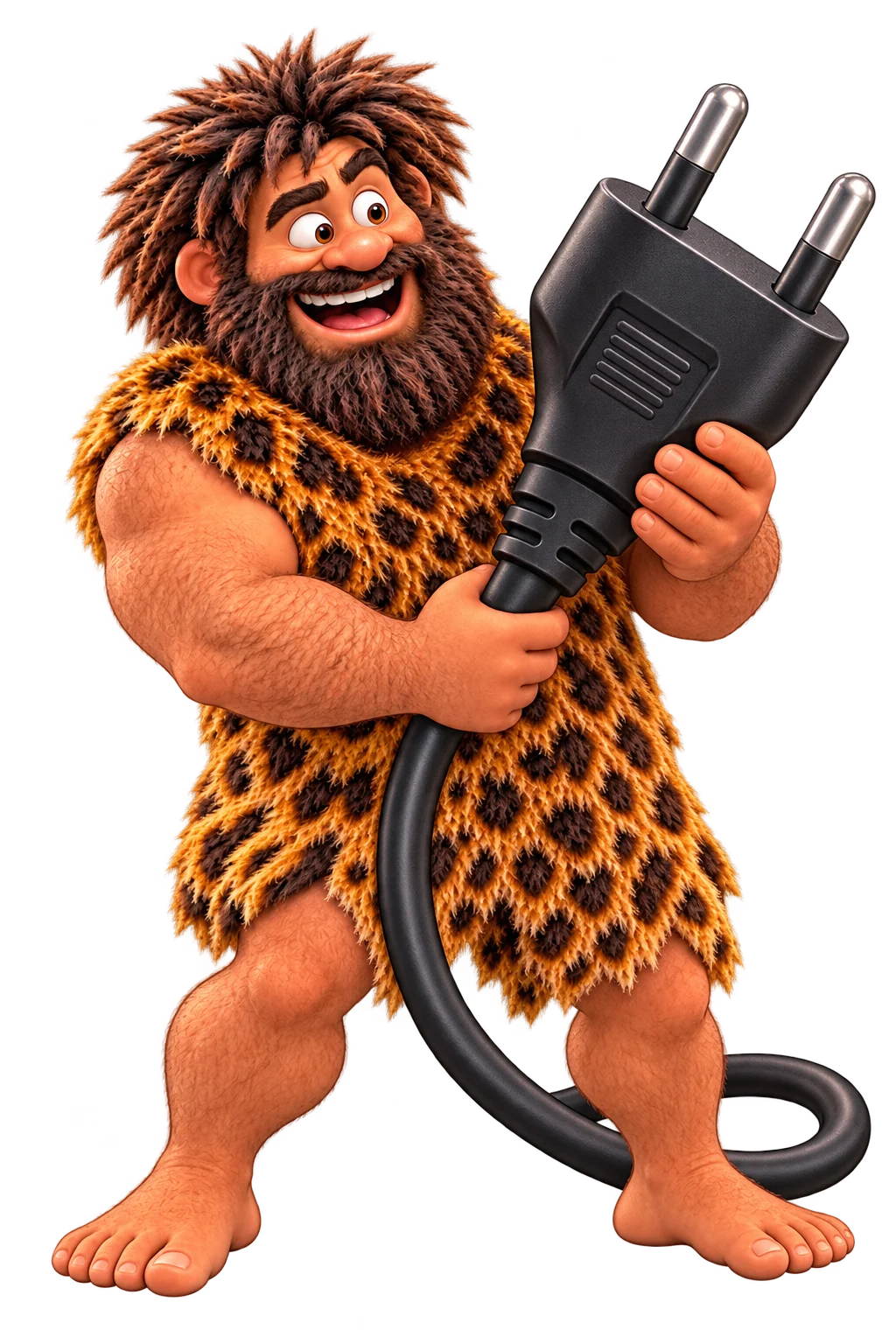 Our cheerful caveman mascot holding a large electrical plug, ready to connect