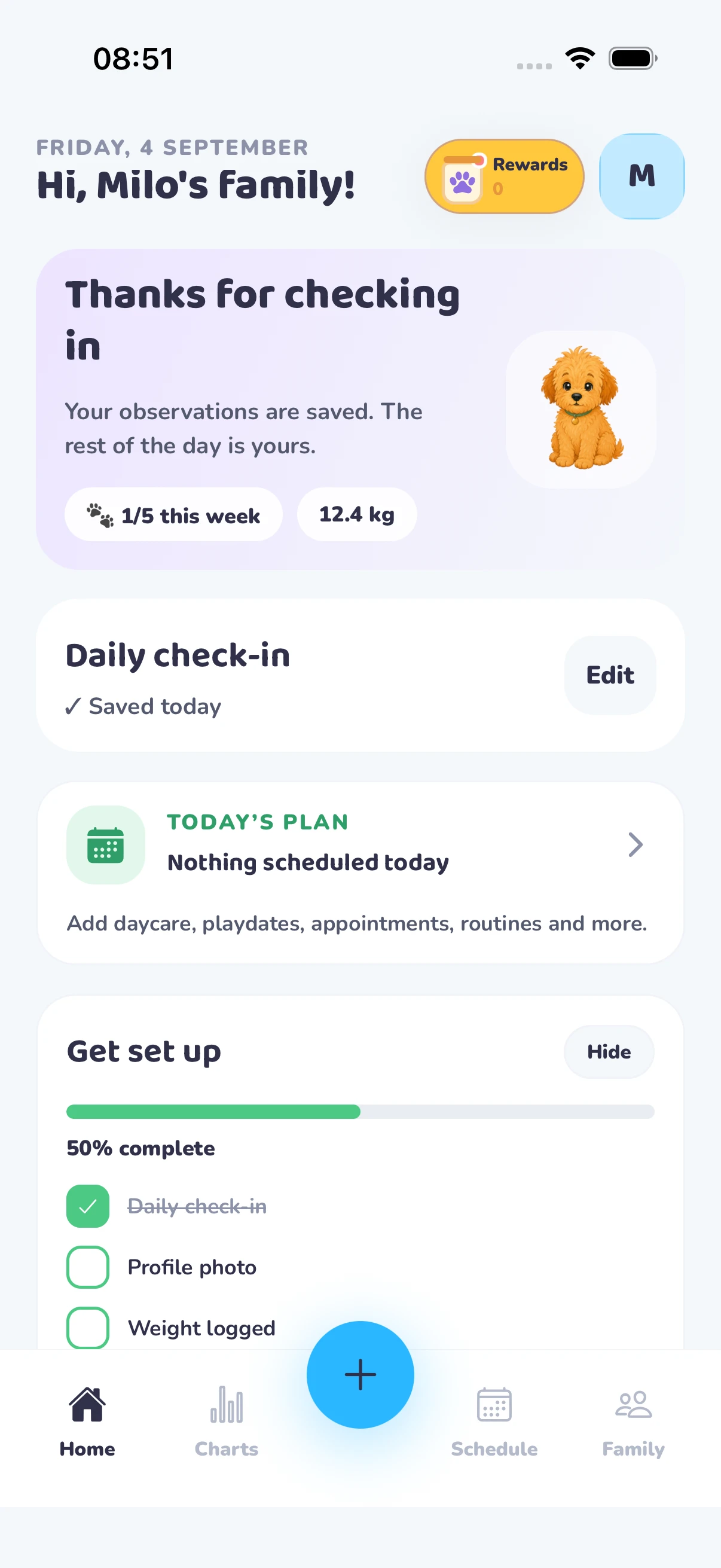 My Dog Pal app home screen with a saved check-in and care plan, using demo data