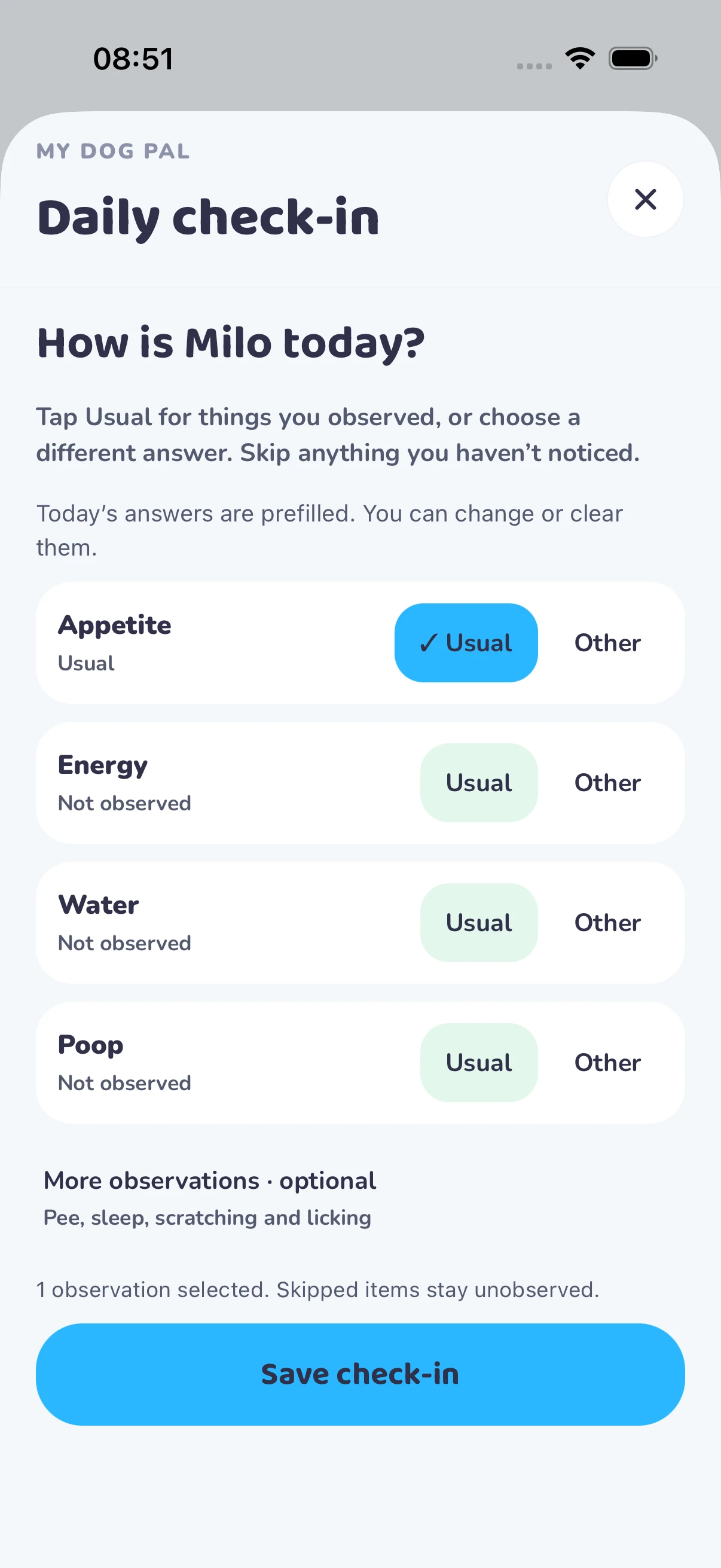 My Dog Pal daily check-in screen with demo data