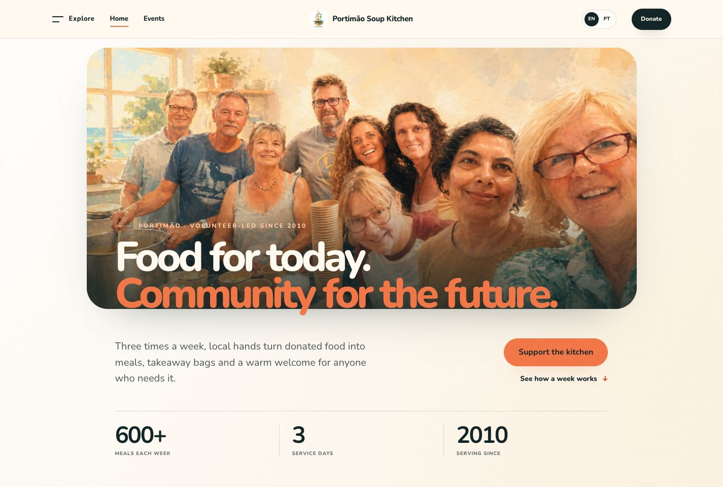 The finished Portimão Soup Kitchen homepage, with its community story and clear routes to support the kitchen